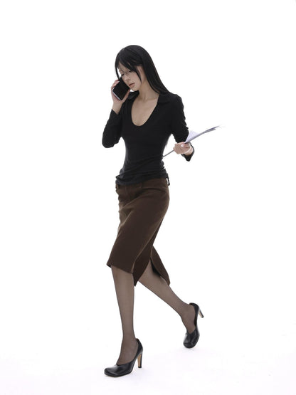 iamxiaa Coffee Brown Back Slit A Line Utilitarian Women&