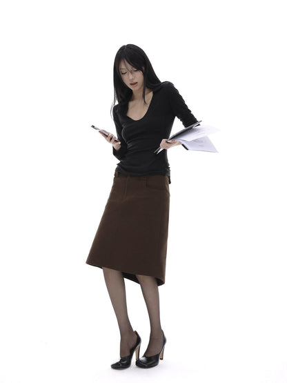 iamxiaa Coffee Brown Back Slit A Line Utilitarian Women&