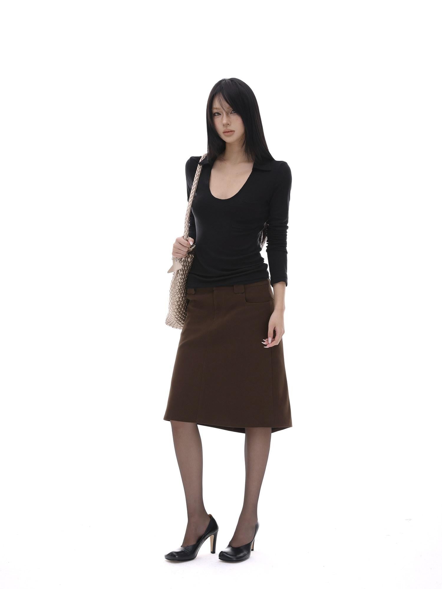 iamxiaa Coffee Brown Back Slit A Line Utilitarian Women&
