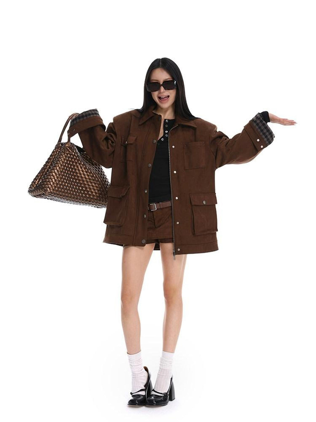iamxiaa Coffee Brown Structured Oversized Mid Length Casual Women&