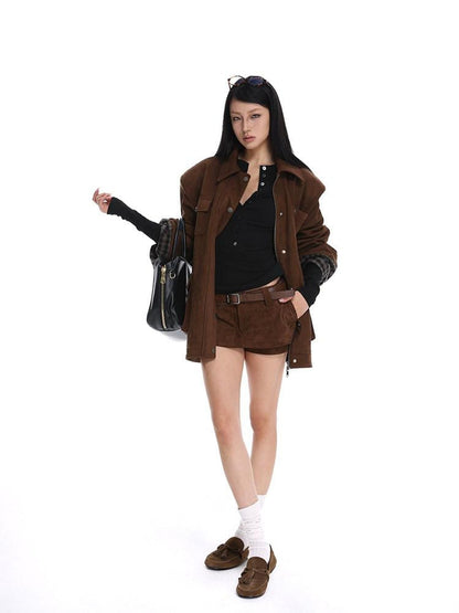 iamxiaa Coffee Brown Structured Oversized Mid Length Casual Women&