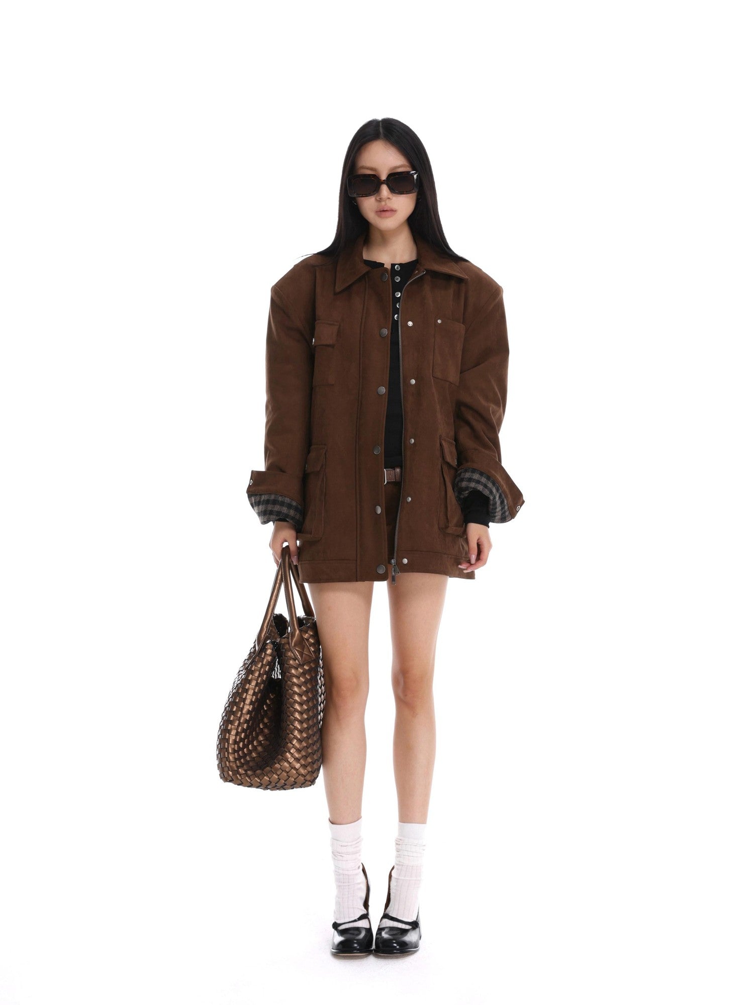 iamxiaa Coffee Brown Structured Oversized Mid Length Casual Women&