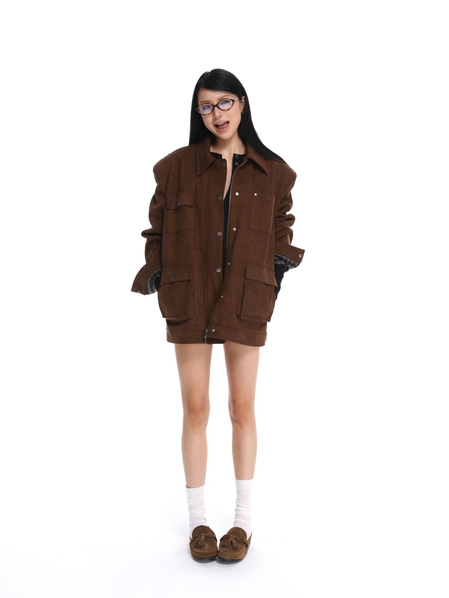 iamxiaa Coffee Brown Structured Oversized Mid Length Casual Women&