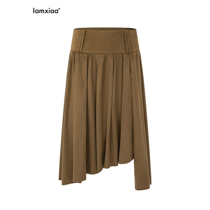 iamxiaa_Coffee_Green_Asymmetric_Hem_3d_Pleats_Wide_Waist_Women&