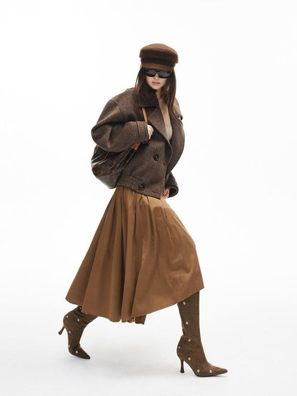 iamxiaa Coffee Green Asymmetric Hem 3d Pleats Wide Waist Women&