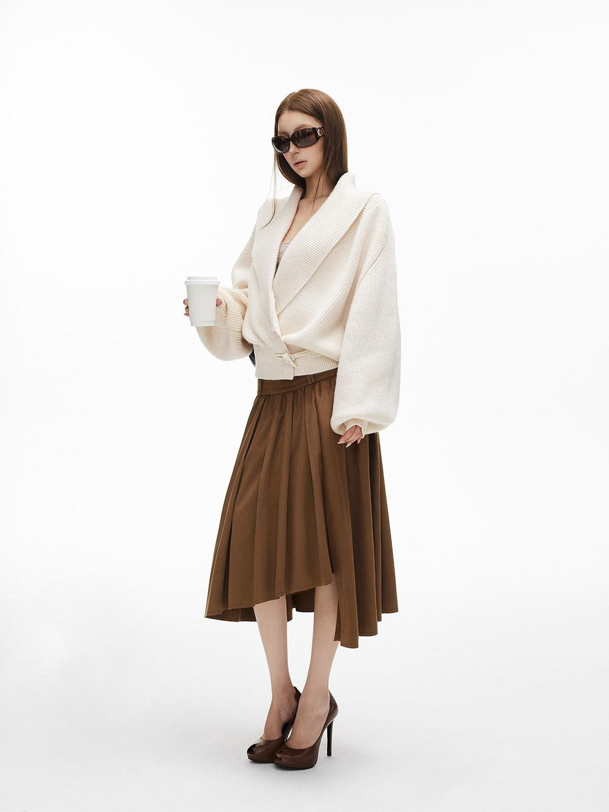 iamxiaa Coffee Green Asymmetric Hem 3d Pleats Wide Waist Women&