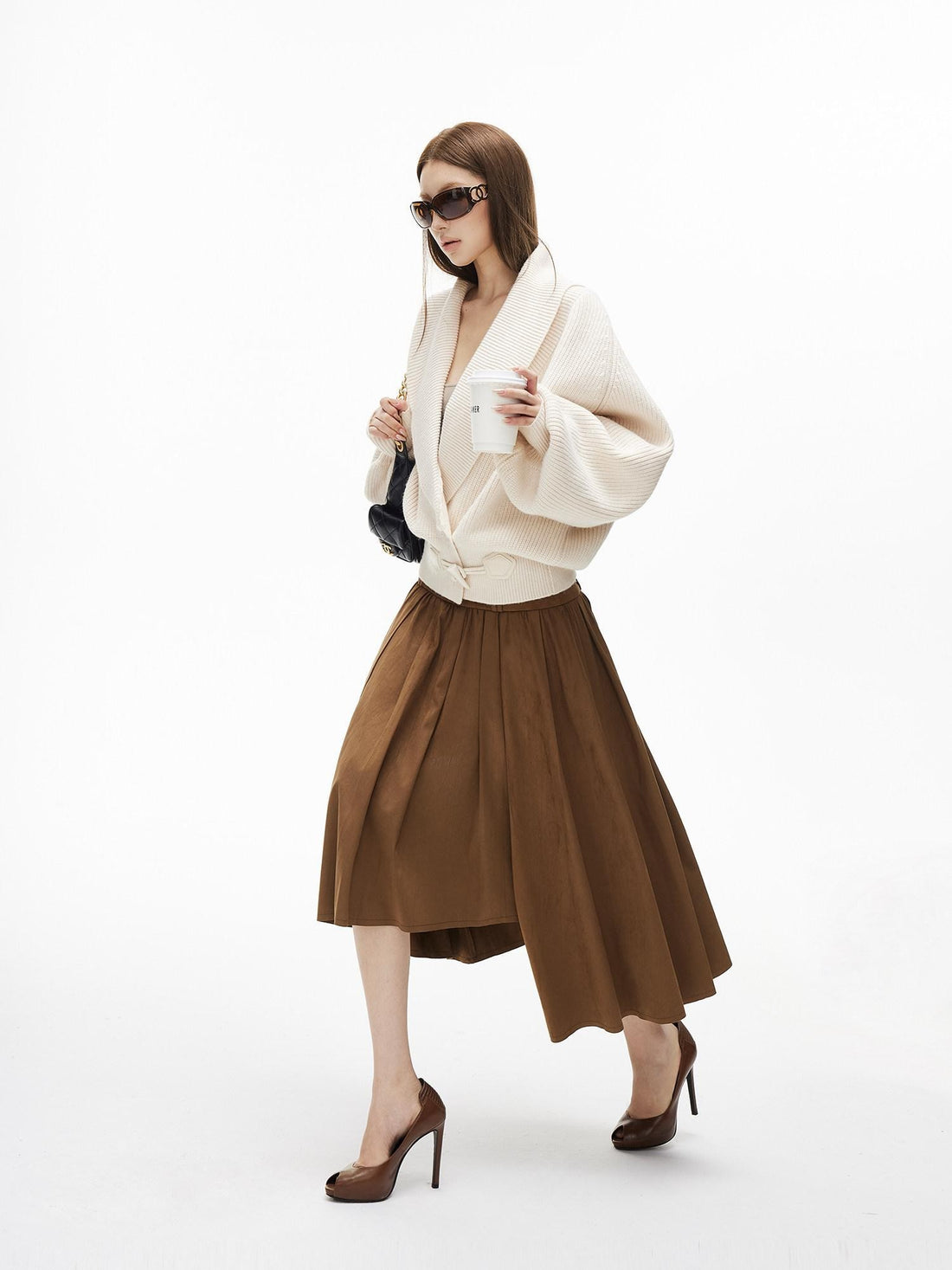 iamxiaa Coffee Green Asymmetric Hem 3d Pleats Wide Waist Women&