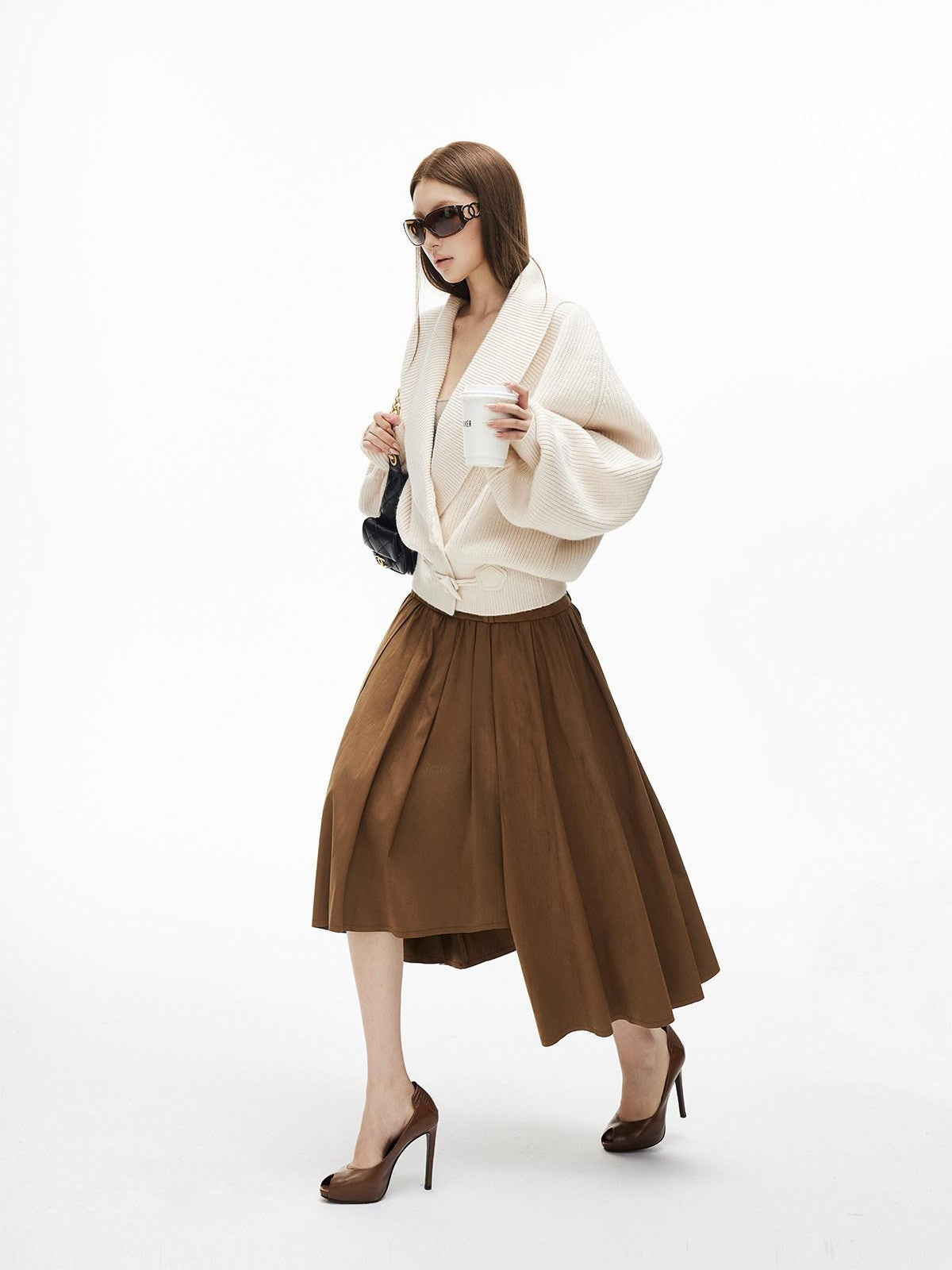 iamxiaa Coffee Green Asymmetric Hem 3d Pleats Wide Waist Women&