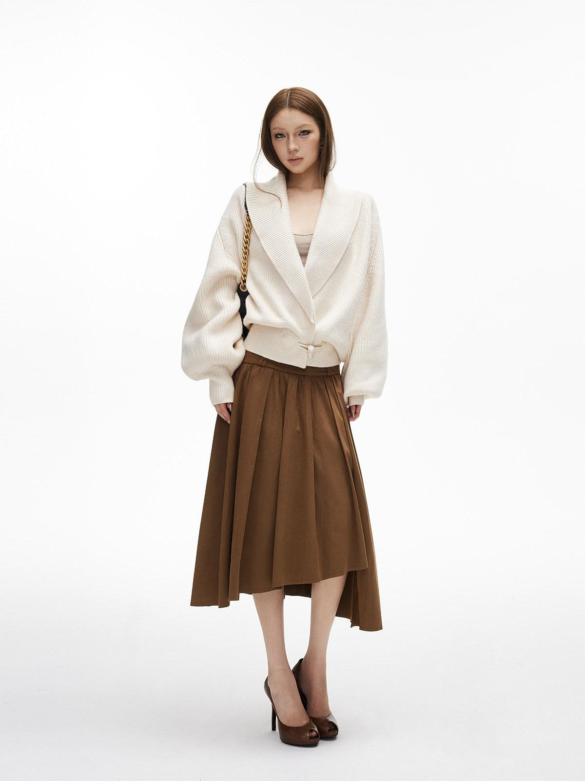 iamxiaa Coffee Green Asymmetric Hem 3d Pleats Wide Waist Women&
