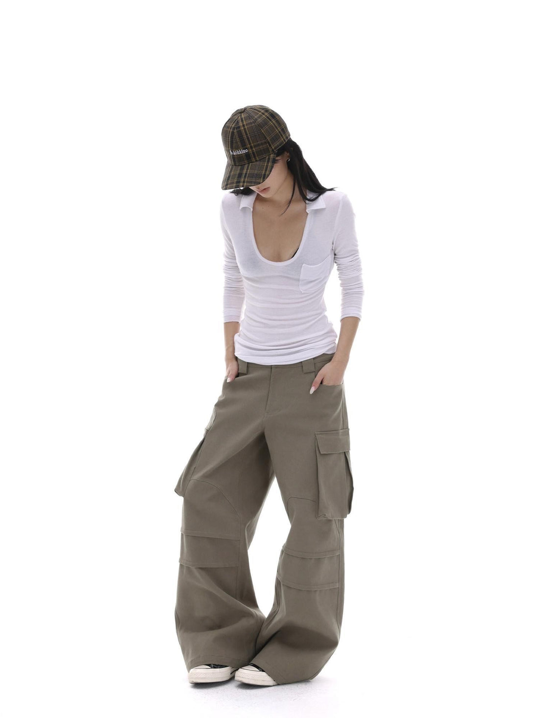 iamxiaa Coffee Multi Pocket Straight Leg Boxy Heavy Duty Women&
