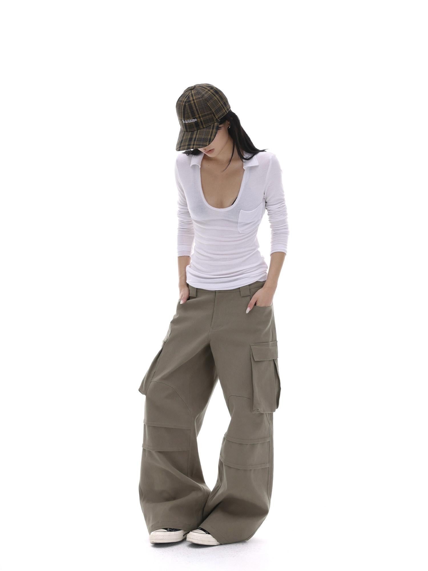 iamxiaa Coffee Multi Pocket Straight Leg Boxy Heavy Duty Women&
