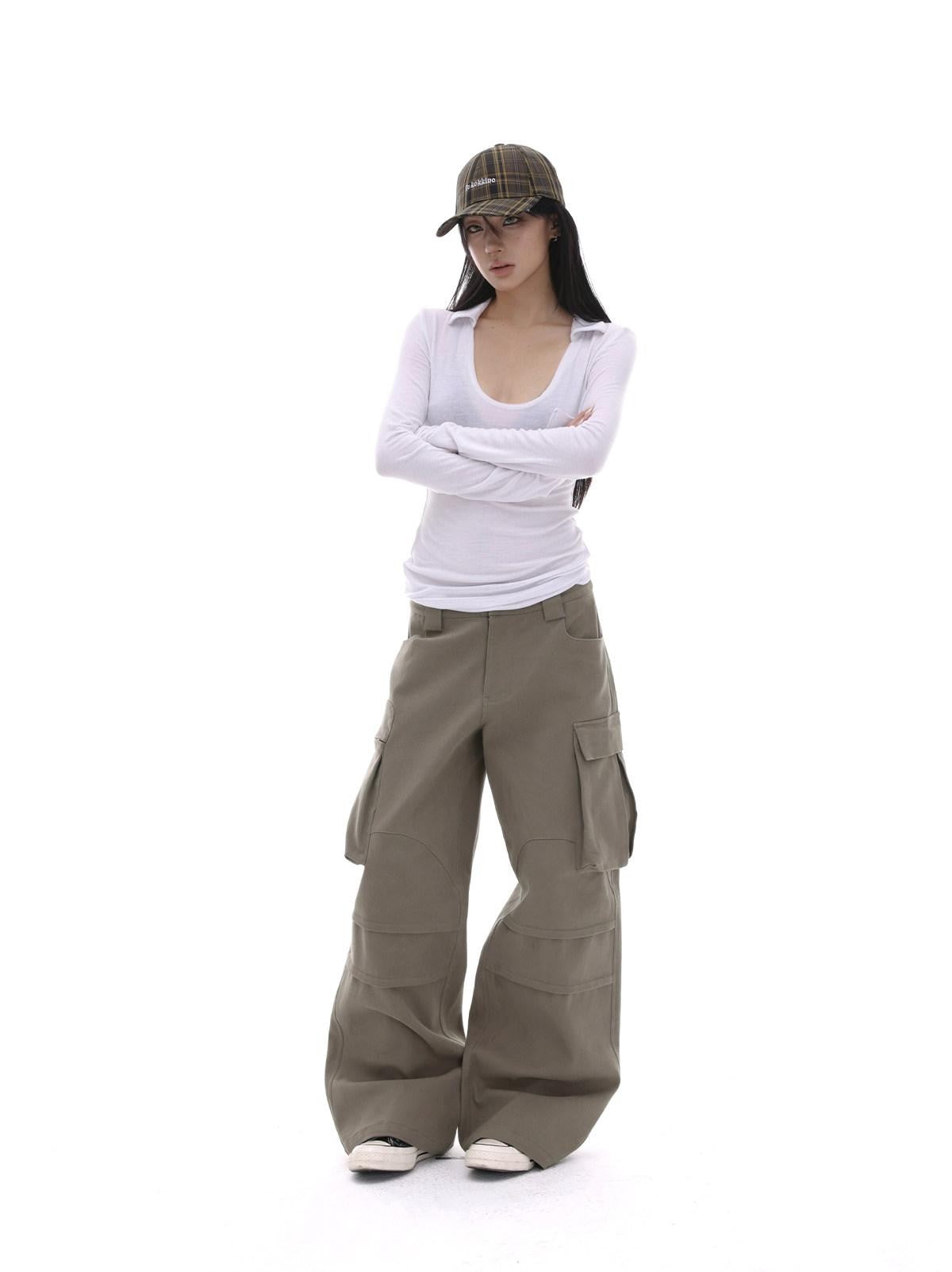 iamxiaa Coffee Multi Pocket Straight Leg Boxy Heavy Duty Women&