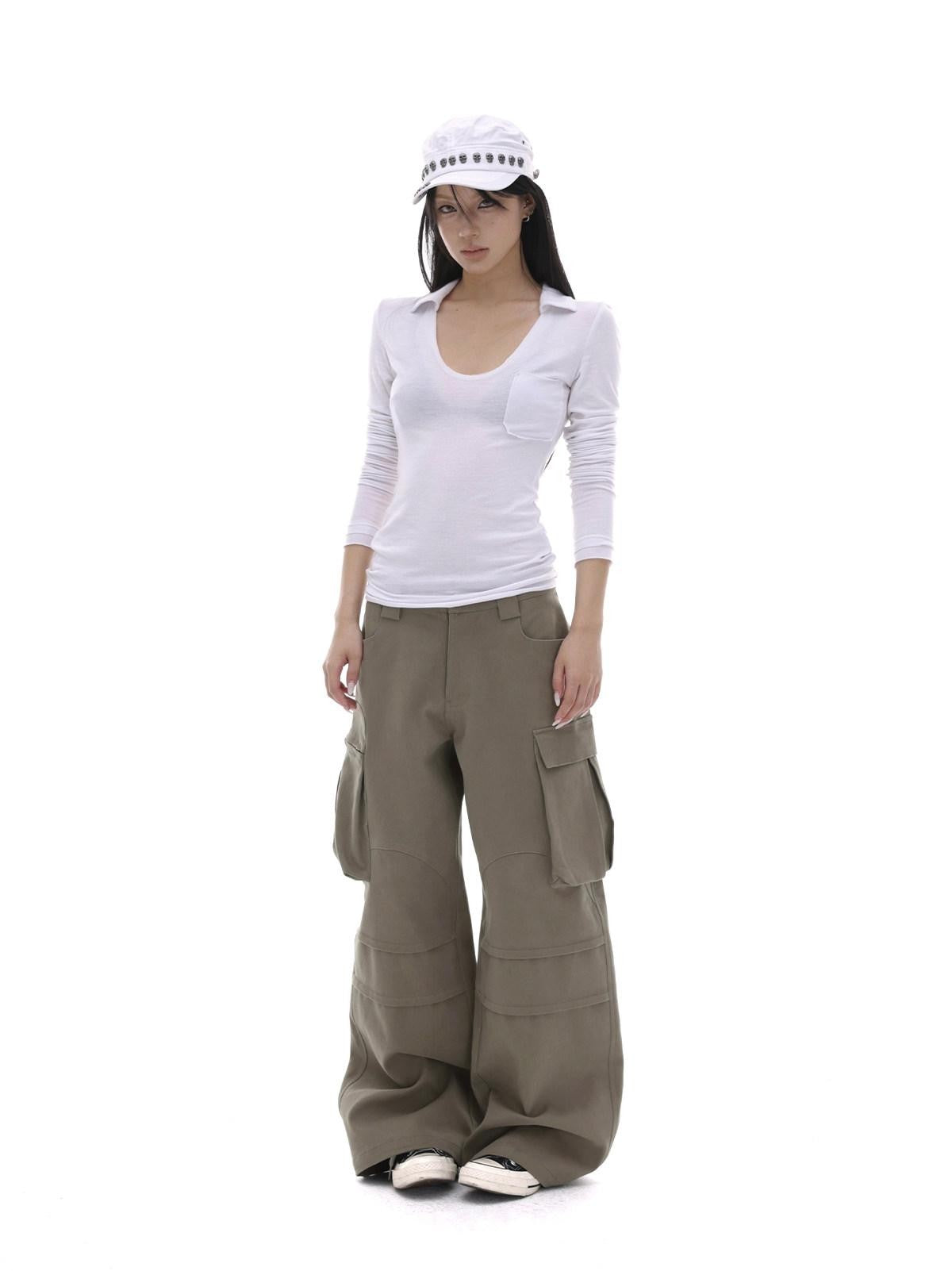 iamxiaa Coffee Multi Pocket Straight Leg Boxy Heavy Duty Women&