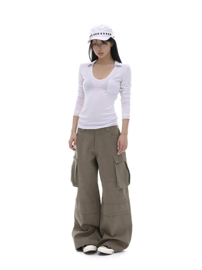 iamxiaa Coffee Multi Pocket Straight Leg Boxy Heavy Duty Women&