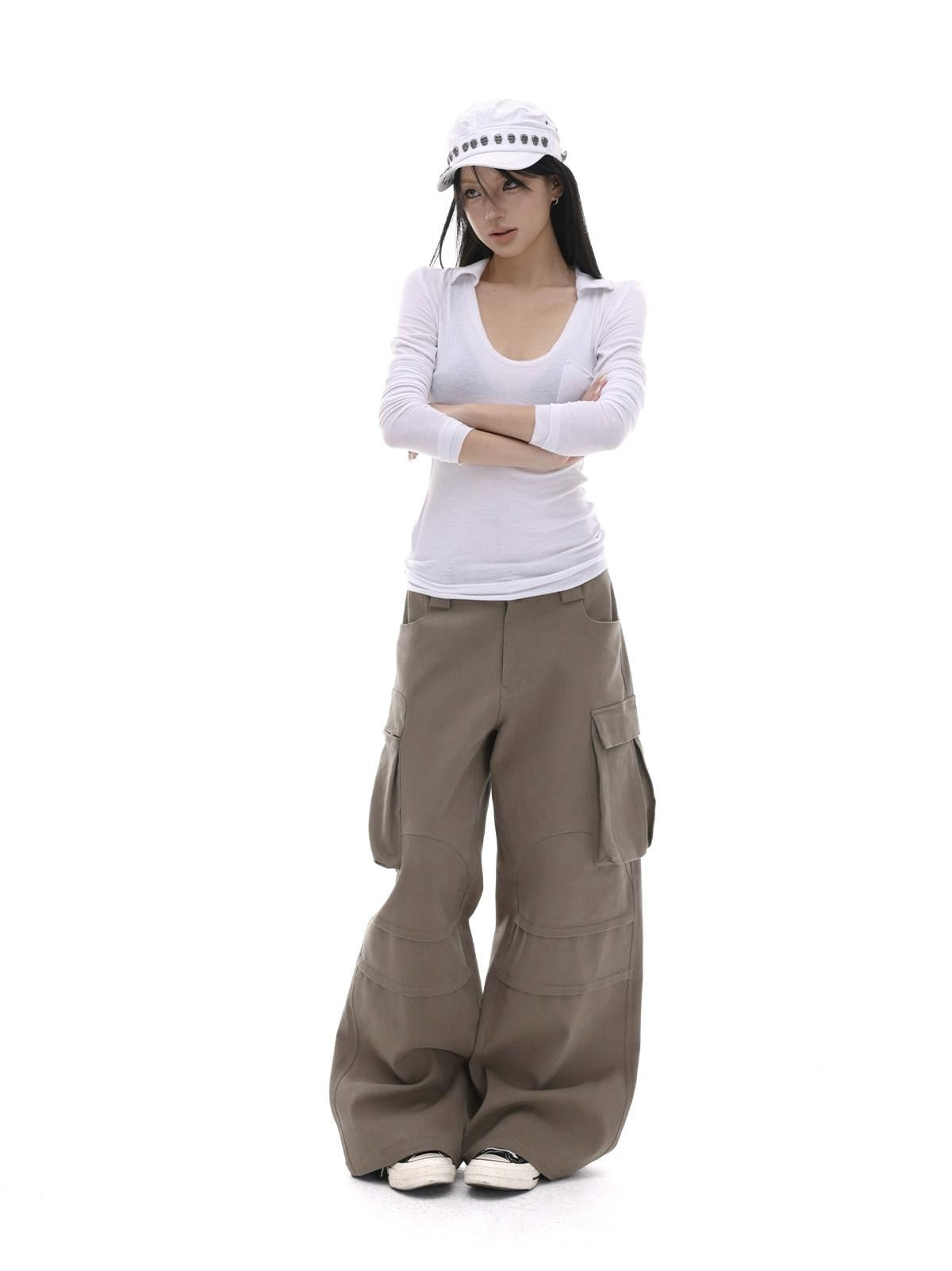 iamxiaa Coffee Multi Pocket Straight Leg Boxy Heavy Duty Women&
