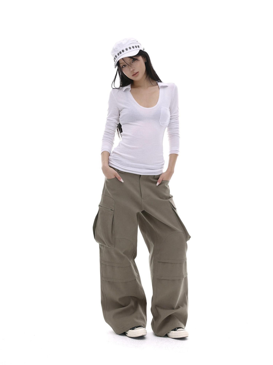 iamxiaa Coffee Multi Pocket Straight Leg Boxy Heavy Duty Women&