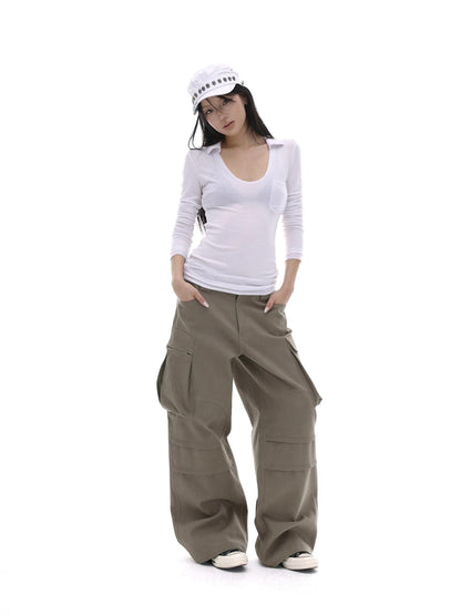 iamxiaa Coffee Multi Pocket Straight Leg Boxy Heavy Duty Women&