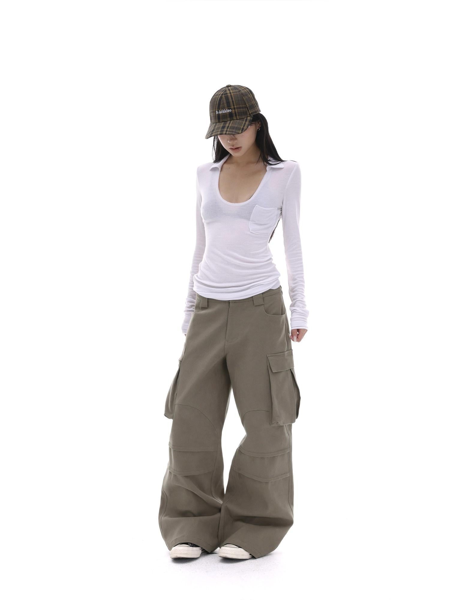 iamxiaa Coffee Multi Pocket Straight Leg Boxy Heavy Duty Women&