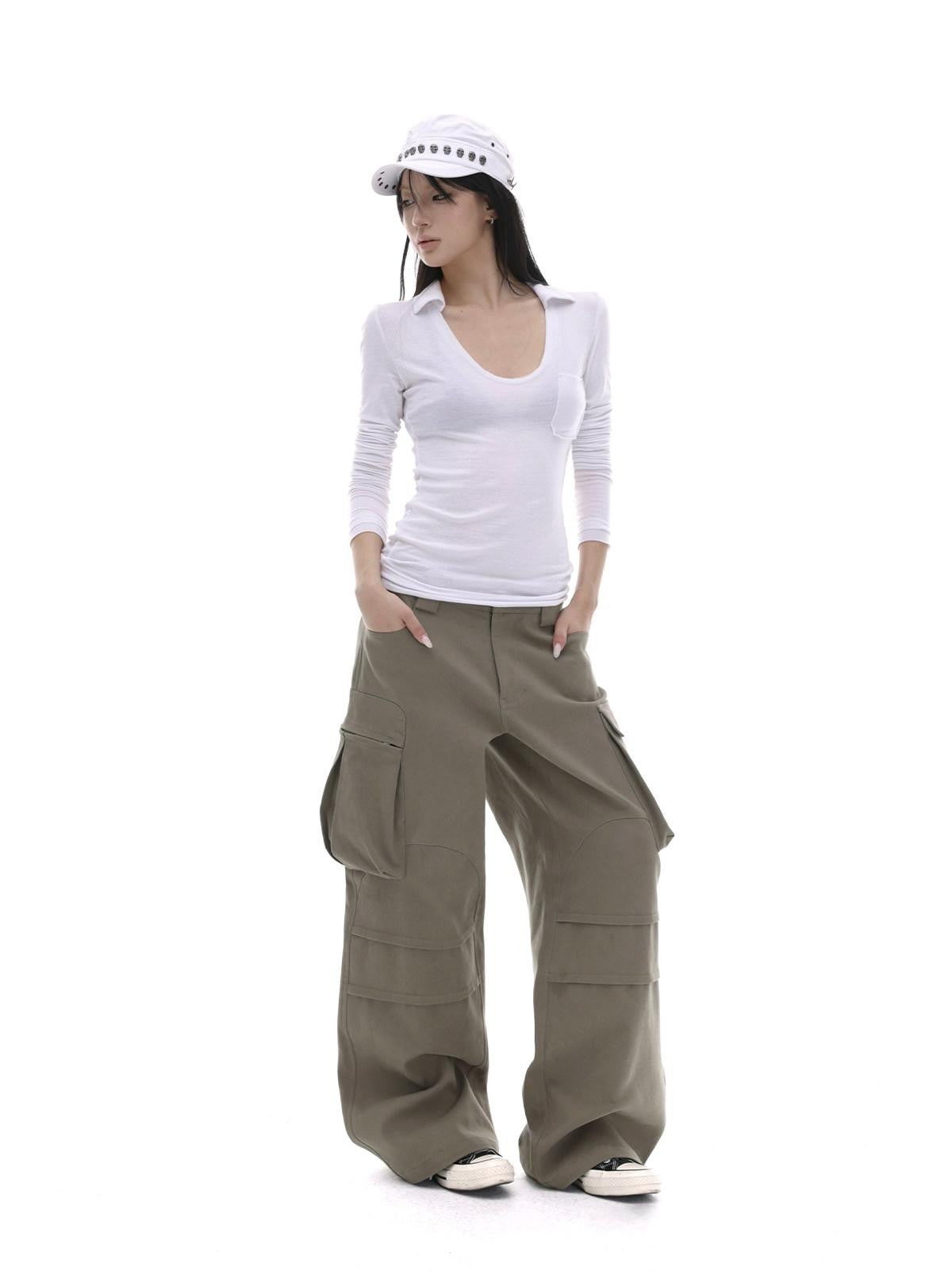 iamxiaa Coffee Multi Pocket Straight Leg Boxy Heavy Duty Women&