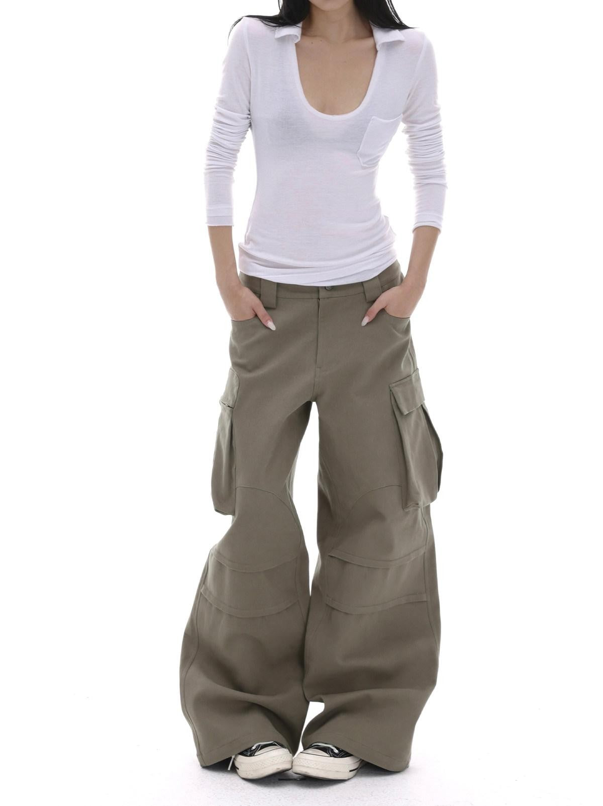 iamxiaa Coffee Multi Pocket Straight Leg Boxy Heavy Duty Women&