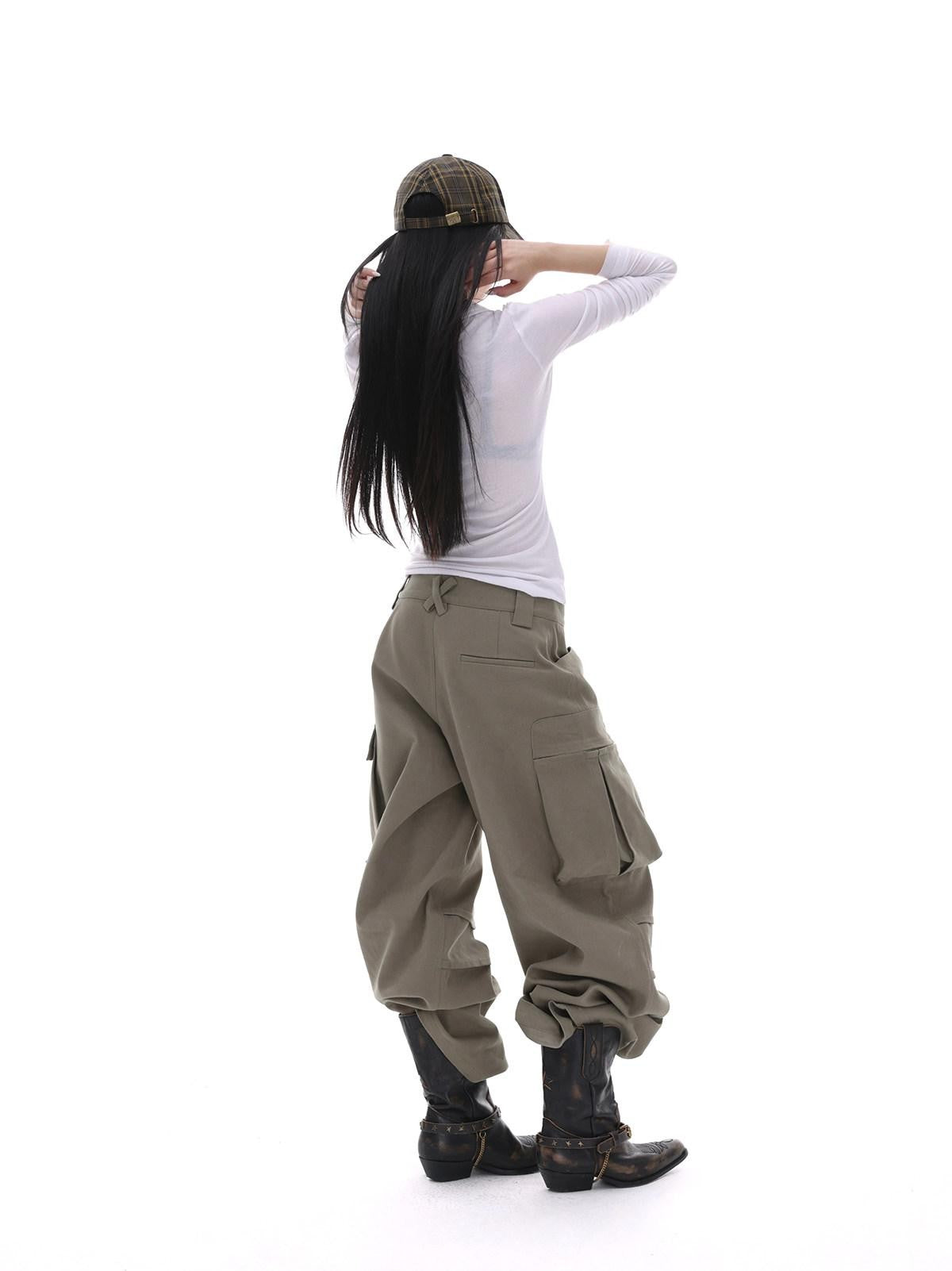 iamxiaa Coffee Multi Pocket Straight Leg Boxy Heavy Duty Women&