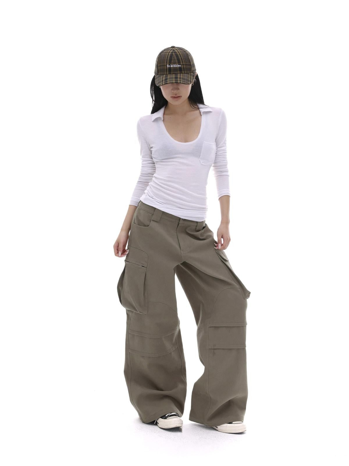 iamxiaa Coffee Multi Pocket Straight Leg Boxy Heavy Duty Women&