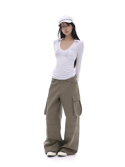 iamxiaa Coffee Multi Pocket Straight Leg Boxy Heavy Duty Women&