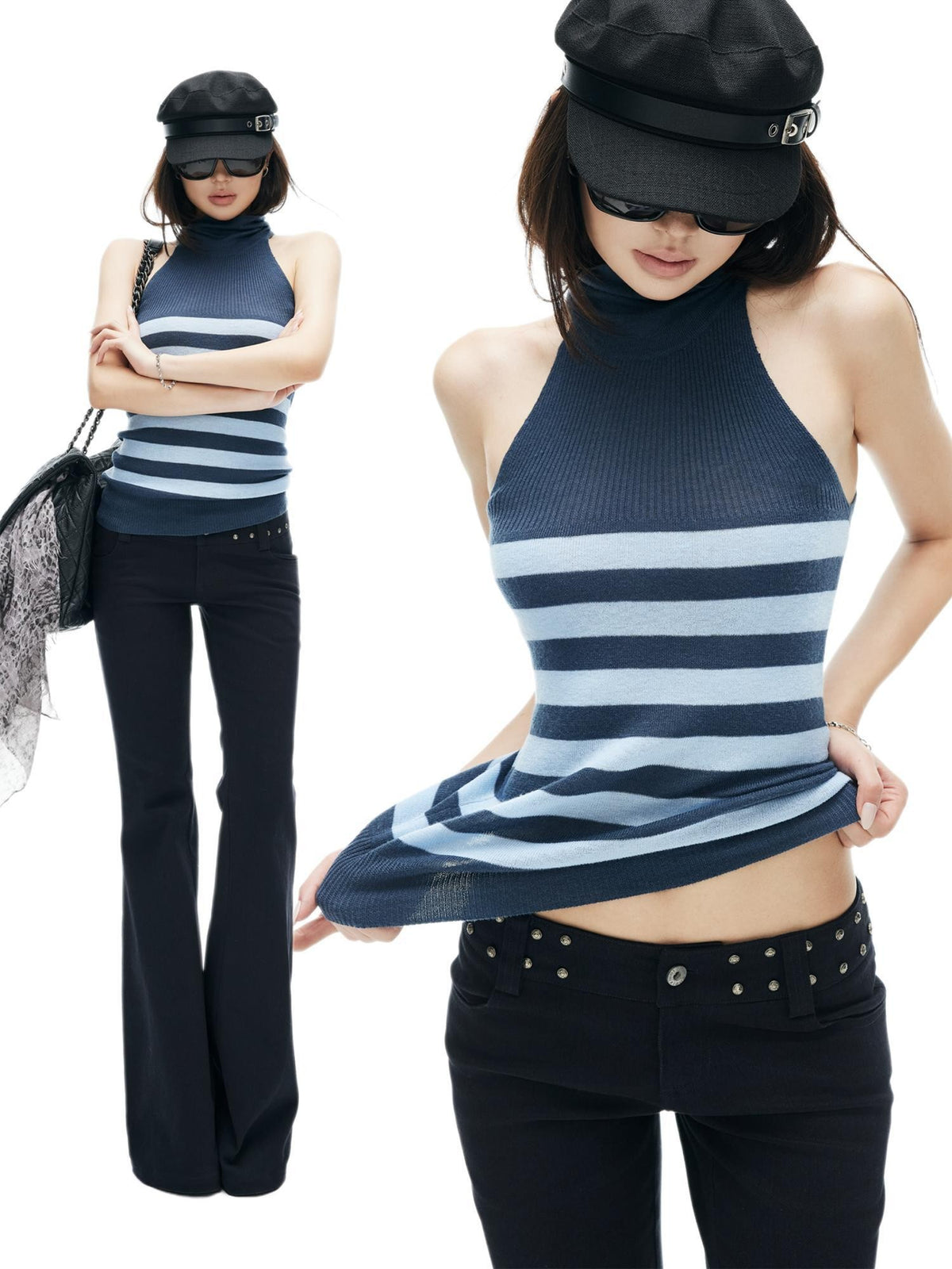 iamxiaa Color Block Striped Mock Neck Cold Shoulder Knit Slim Fit Women&
