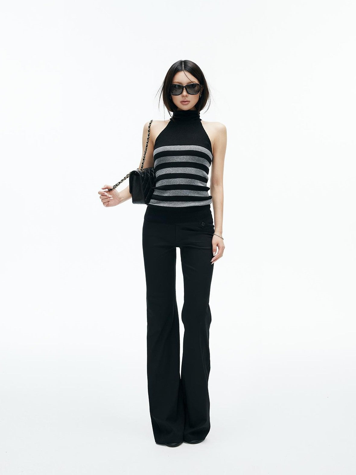 iamxiaa Color Block Striped Mock Neck Cold Shoulder Knit Slim Fit Women&
