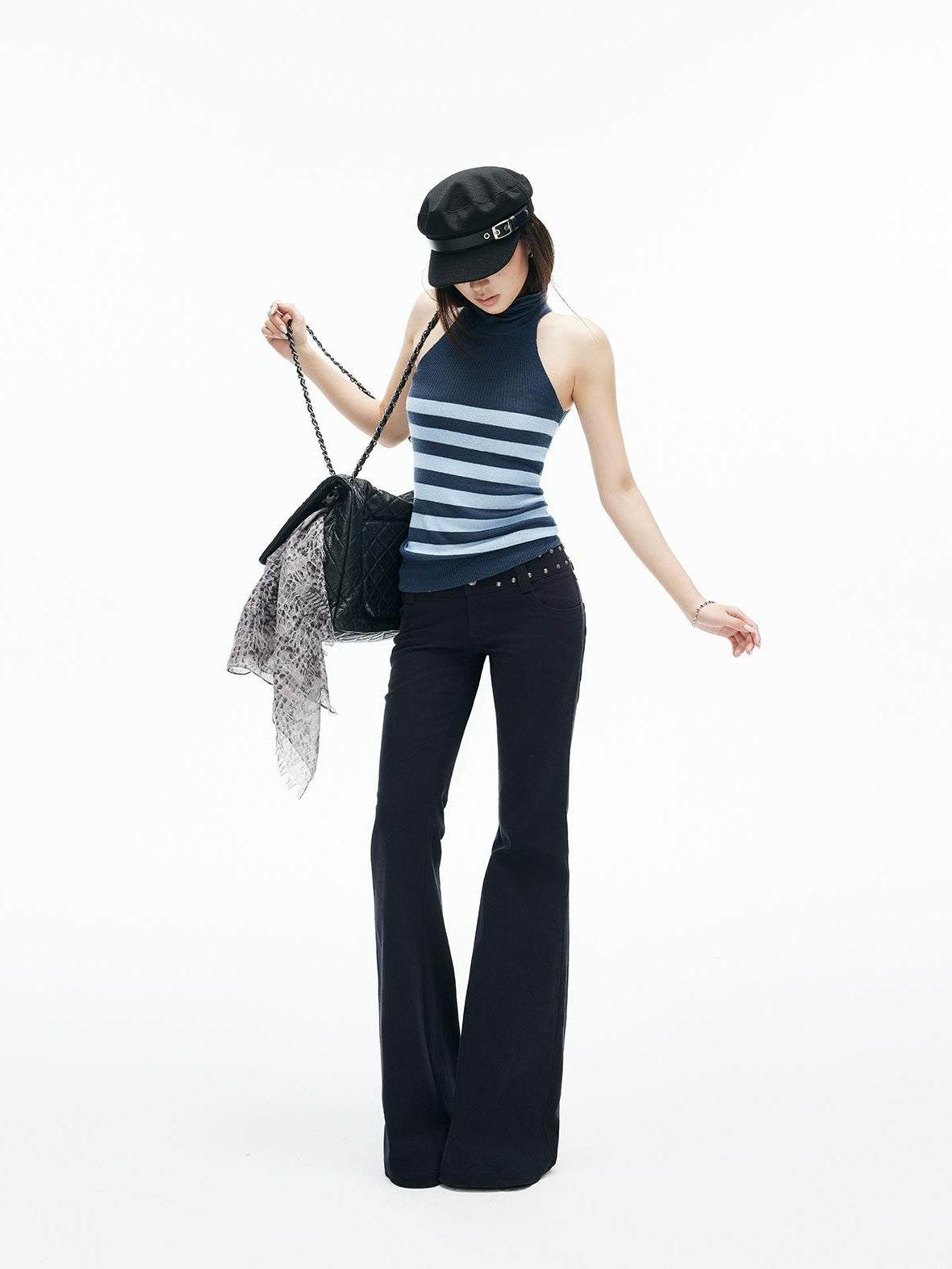 iamxiaa Color Block Striped Mock Neck Cold Shoulder Knit Slim Fit Women&
