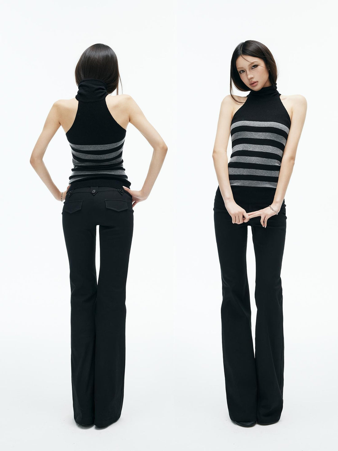 iamxiaa Color Block Striped Mock Neck Cold Shoulder Knit Slim Fit Women&