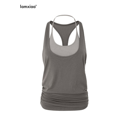 iamxiaa_Colorblock_Double_Layer_Faux_Two_Piece_Ruching_Halter_Women&