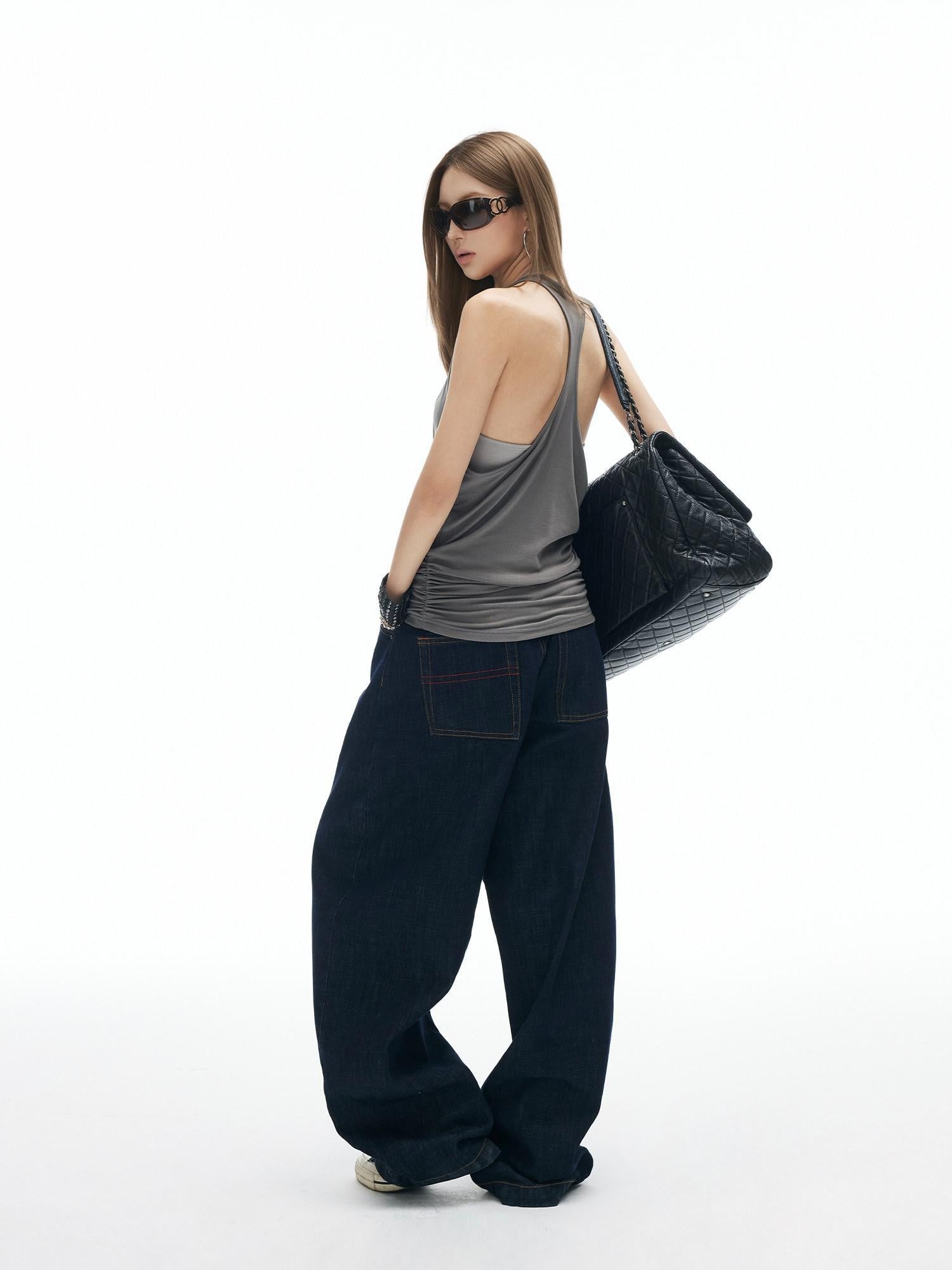 iamxiaa Colorblock Double Layer Faux Two Piece Ruching Halter Women&