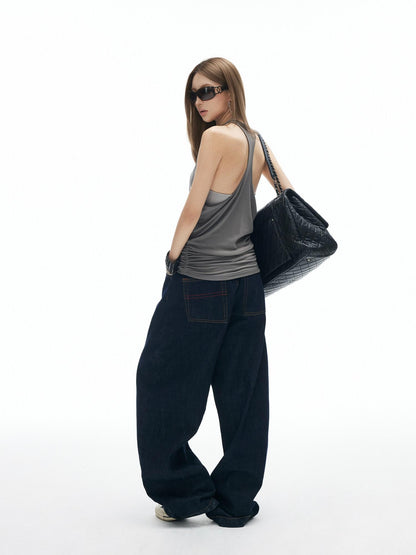 iamxiaa Colorblock Double Layer Faux Two Piece Ruching Halter Women&