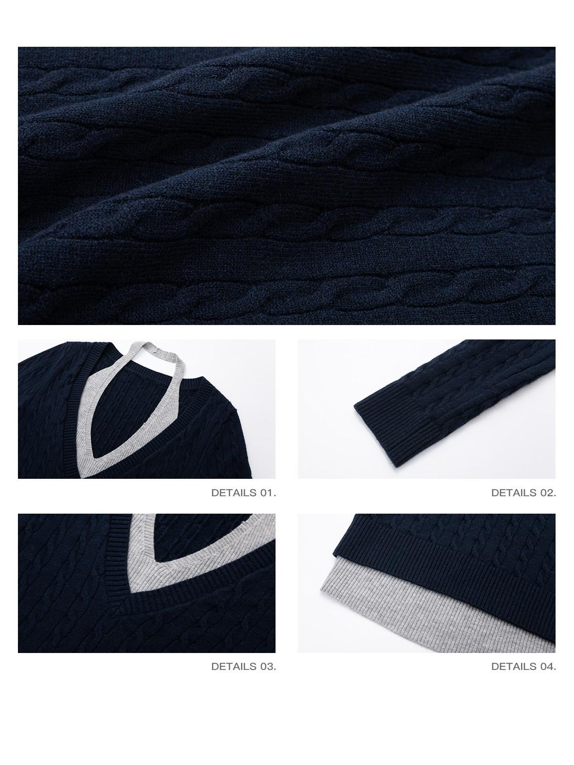 iamxiaa Contrast Cable Knit Aran Faux Two Piece Double Layer Collar Women&