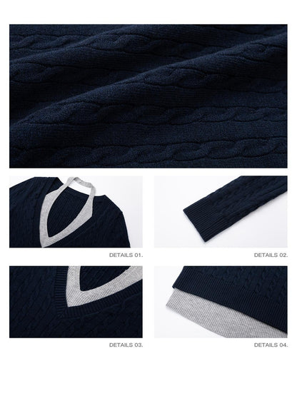 iamxiaa Contrast Cable Knit Aran Faux Two Piece Double Layer Collar Women&