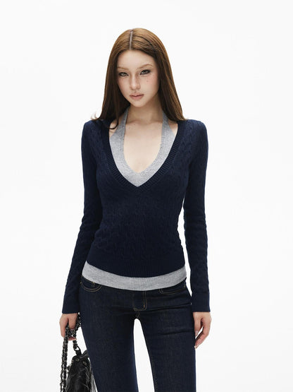 iamxiaa Contrast Cable Knit Aran Faux Two Piece Double Layer Collar Women&