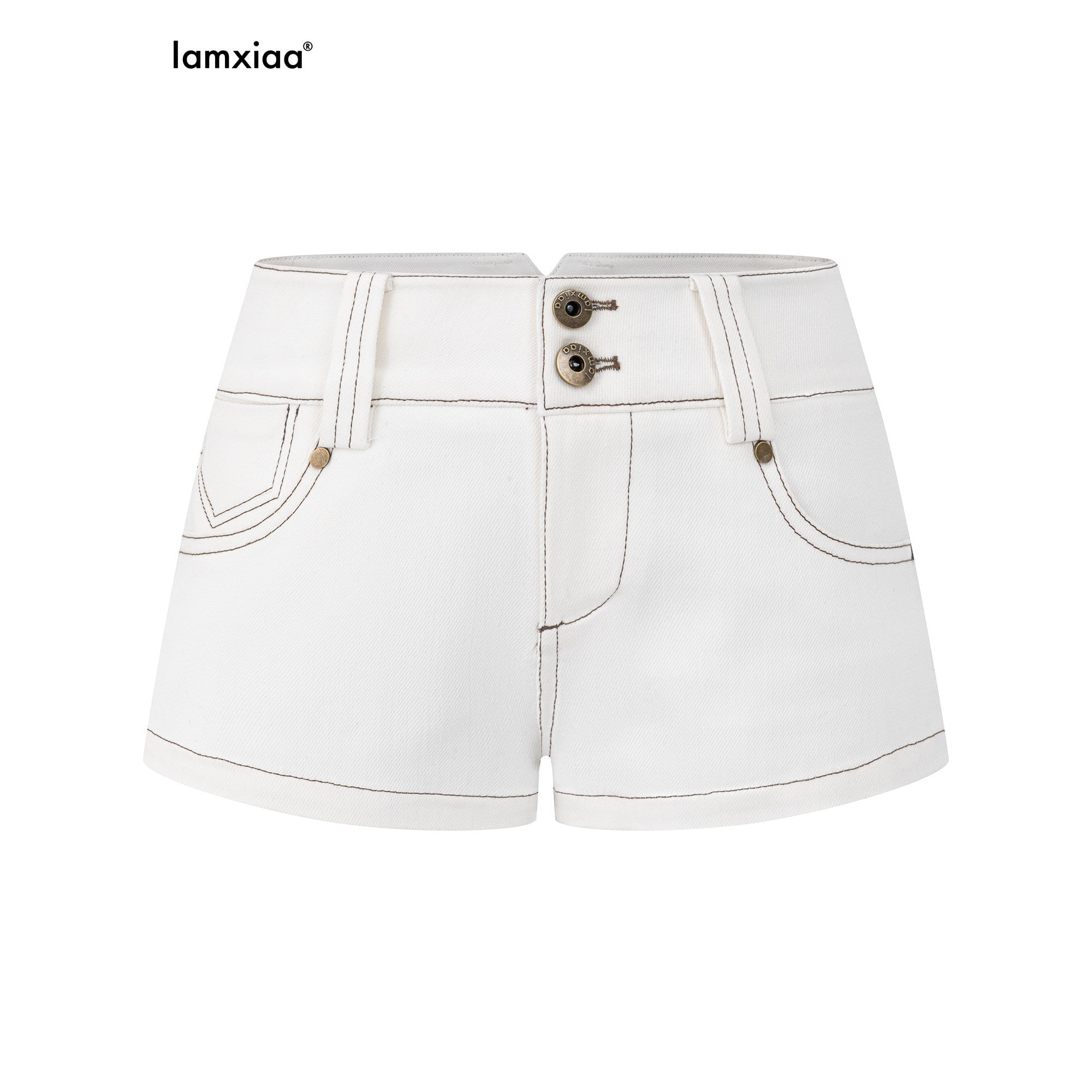 iamxiaa_Contrast_Stitch_Double_Button_Flap_Pocket_Low_Rise_Women&