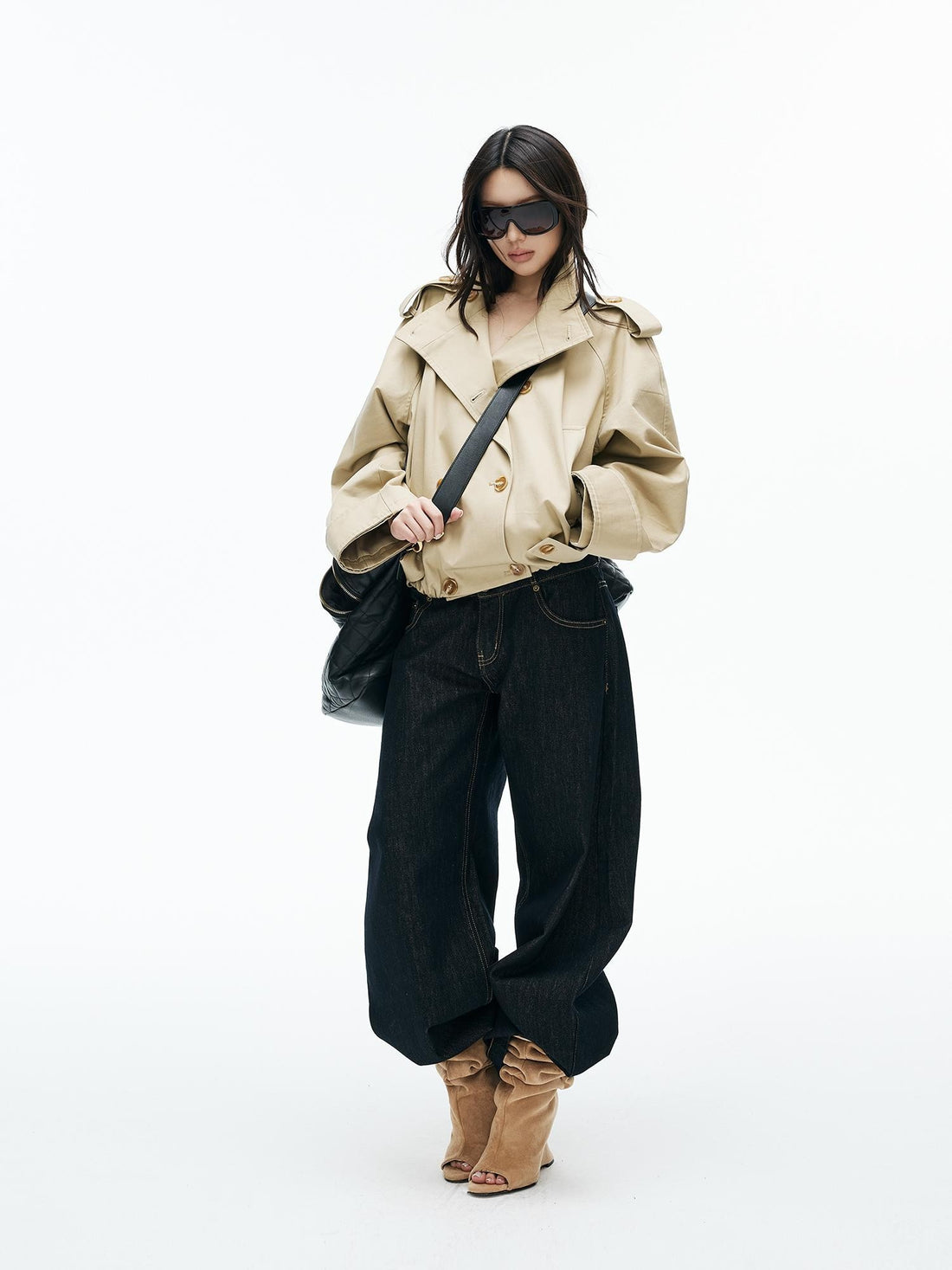 iamxiaa Cotton Twill Convertible Collar Double Breasted Loose Fit Women&