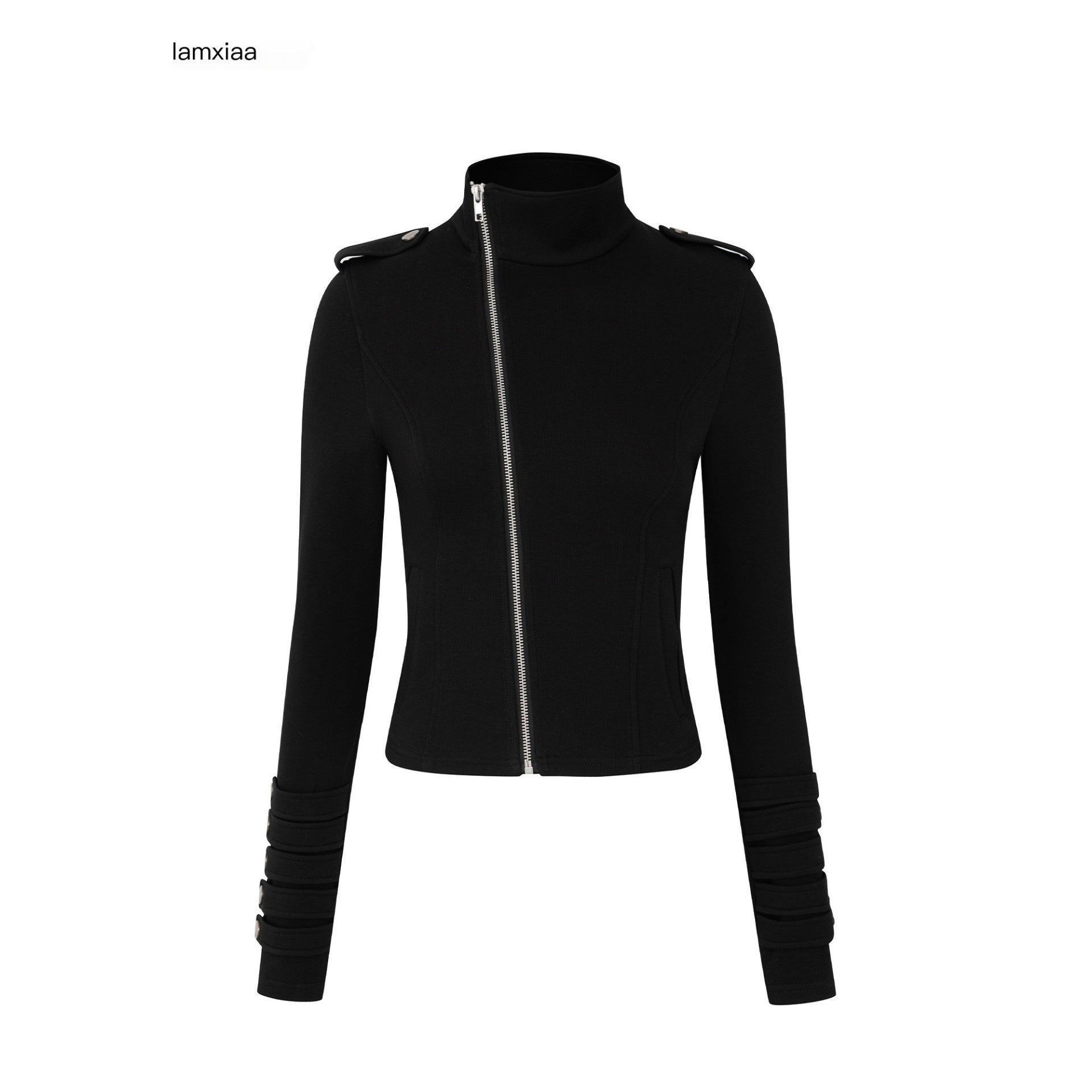 iamxiaa_Cropped_Asymmetrical_Zip_Washed_Button_Stand_Collar_Women&