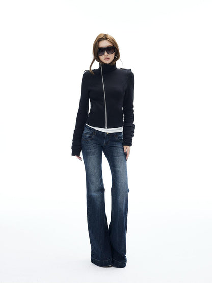 iamxiaa Cropped Asymmetrical Zip Washed Button Stand Collar Women&