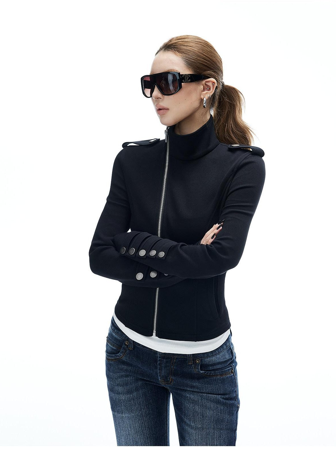 iamxiaa Cropped Asymmetrical Zip Washed Button Stand Collar Women&