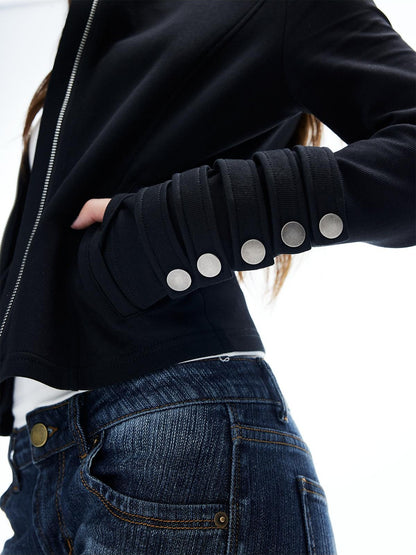 iamxiaa Cropped Asymmetrical Zip Washed Button Stand Collar Women&