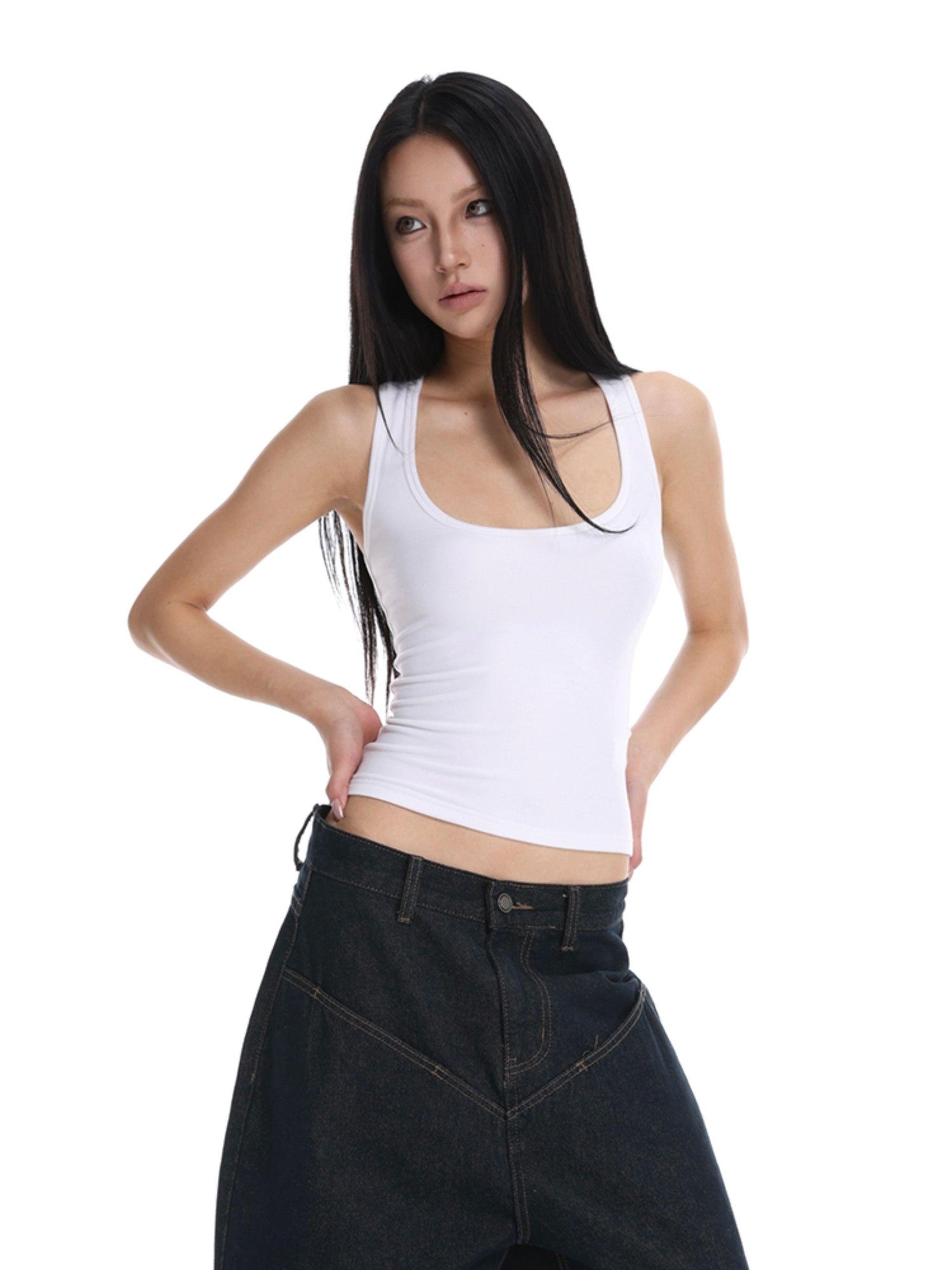 iamxiaa Cropped Brushed U Neck Slim Fit Women&