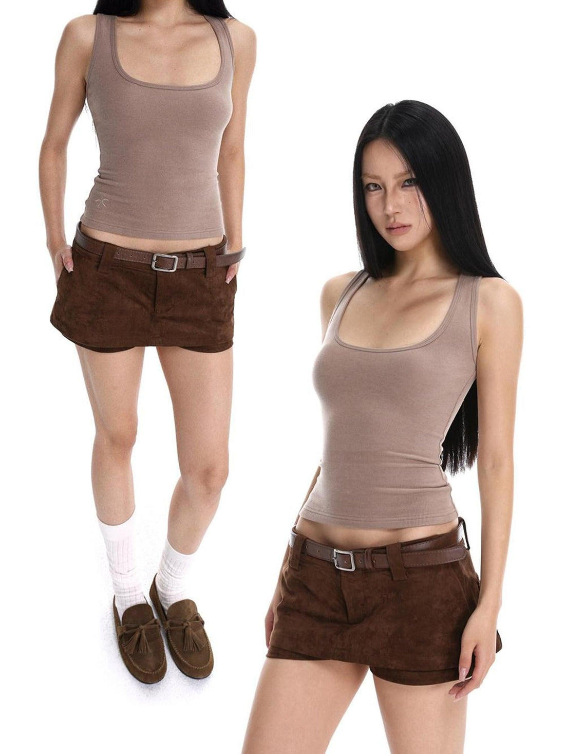 iamxiaa Cropped Brushed U Neck Slim Fit Women&