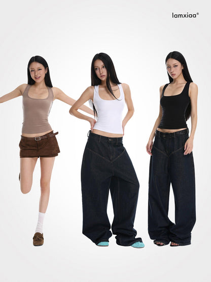 iamxiaa Cropped Brushed U Neck Slim Fit Women&