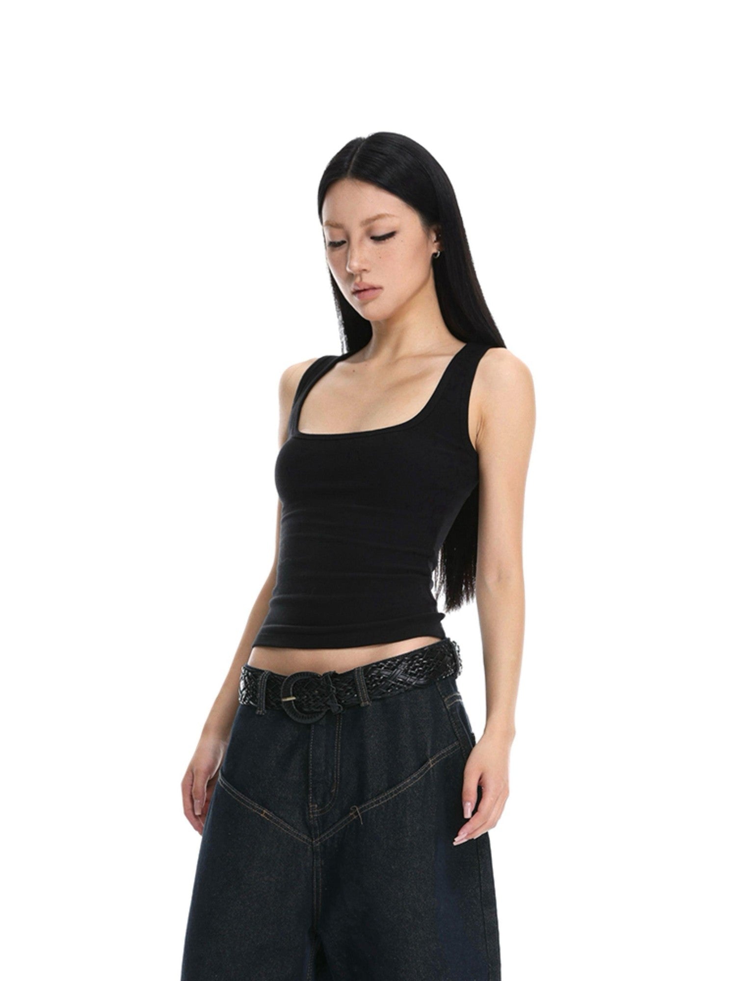 iamxiaa Cropped Brushed U Neck Slim Fit Women&