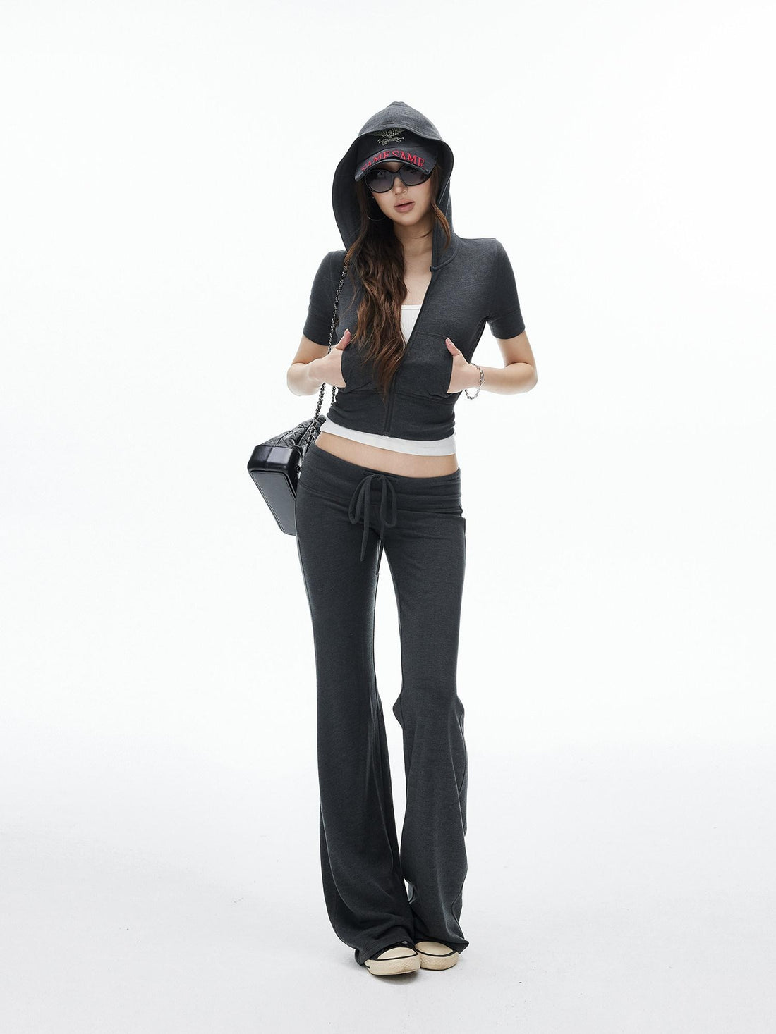 iamxiaa Cropped Hooded Slim Short Sleeve Drawstring Straight Women&