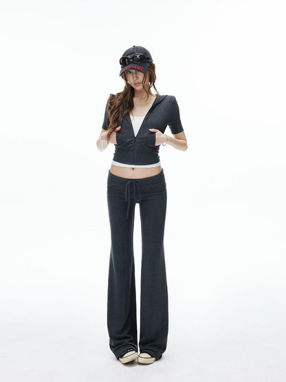 iamxiaa Cropped Hooded Slim Short Sleeve Drawstring Straight Women&