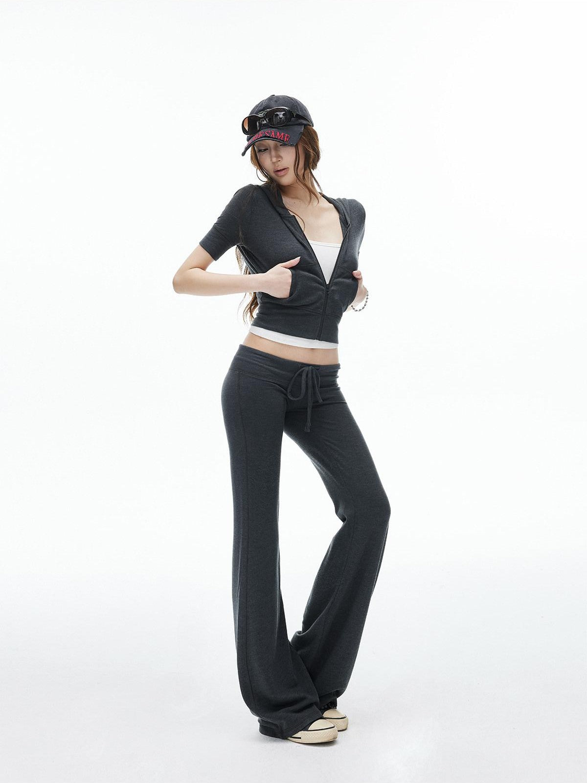 iamxiaa Cropped Hooded Slim Short Sleeve Drawstring Straight Women&